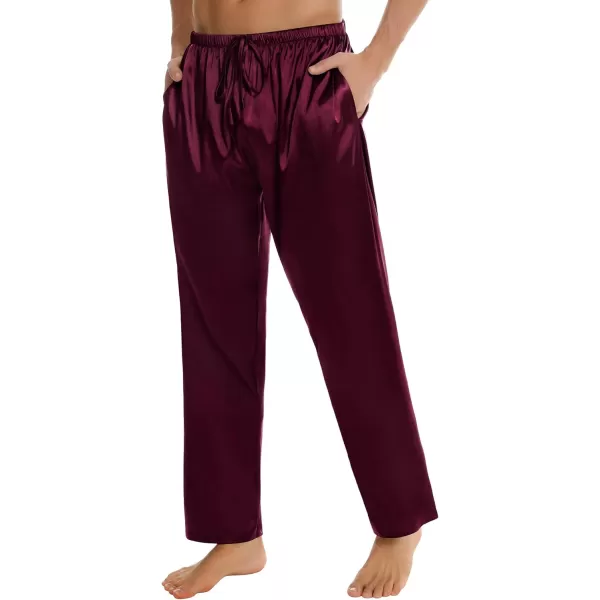 SWOMOG Mens Satin Silk Pajama Pant Long Pj Bottoms Soft Lounge Sleep Pants with PocketsA Deep Wine Red