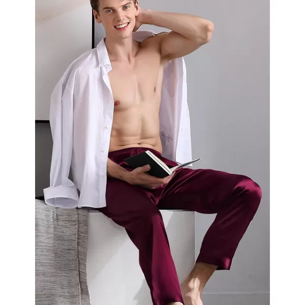 SWOMOG Mens Satin Silk Pajama Pant Long Pj Bottoms Soft Lounge Sleep Pants with PocketsA Deep Wine Red