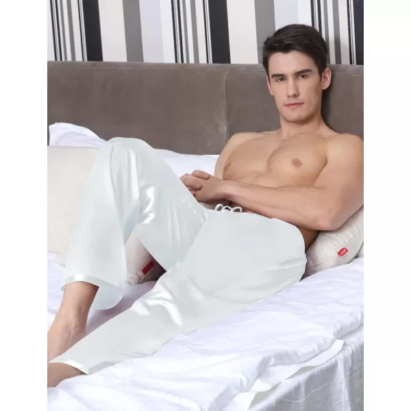 SWOMOG Mens Satin Silk Pajama Pant Long Pj Bottoms Soft Lounge Sleep Pants with PocketsA White