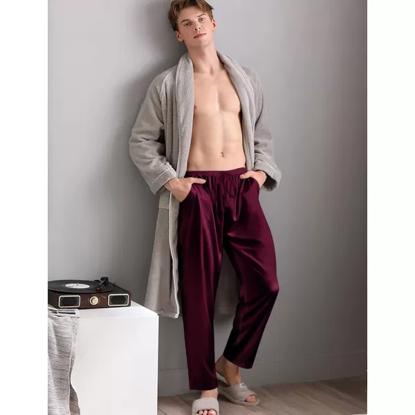 SWOMOG Mens Satin Silk Pajama Pant Long Pj Bottoms Soft Lounge Sleep Pants with PocketsC Deep Wine Red With Button Fly