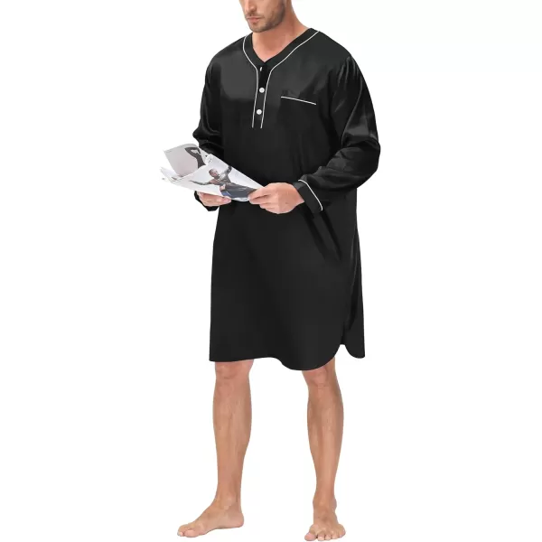 SWOMOG Mens Silk Satin Nightshirt Loose Henley Sleep Shirt Short amp Long Sleeve Pajamas Soft Big amp Tall Men NightwearBlack