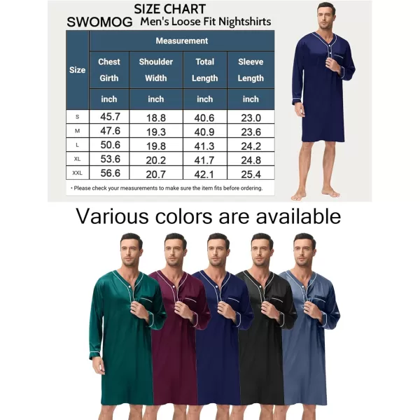 SWOMOG Mens Silk Satin Nightshirt Loose Henley Sleep Shirt Short amp Long Sleeve Pajamas Soft Big amp Tall Men NightwearBlack