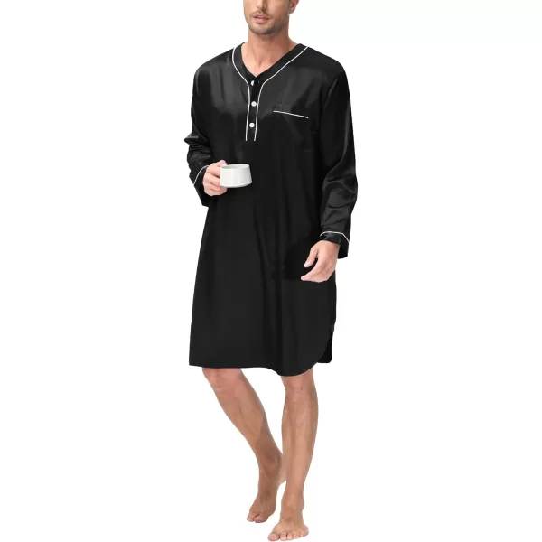 SWOMOG Mens Silk Satin Nightshirt Loose Henley Sleep Shirt Short amp Long Sleeve Pajamas Soft Big amp Tall Men NightwearBlack