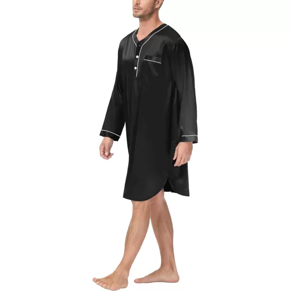 SWOMOG Mens Silk Satin Nightshirt Loose Henley Sleep Shirt Short amp Long Sleeve Pajamas Soft Big amp Tall Men NightwearBlack