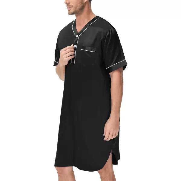 SWOMOG Mens Silk Satin Nightshirt Loose Henley Sleep Shirt Short amp Long Sleeve Pajamas Soft Big amp Tall Men NightwearBlackshort Sleeve