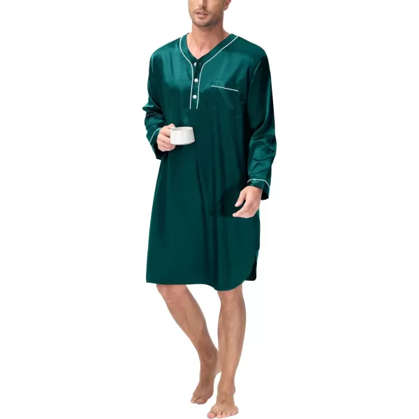 SWOMOG Mens Silk Satin Nightshirt Loose Henley Sleep Shirt Short amp Long Sleeve Pajamas Soft Big amp Tall Men NightwearDeep Green