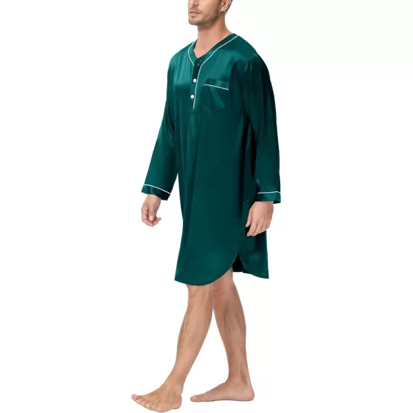 SWOMOG Mens Silk Satin Nightshirt Loose Henley Sleep Shirt Short amp Long Sleeve Pajamas Soft Big amp Tall Men NightwearDeep Green