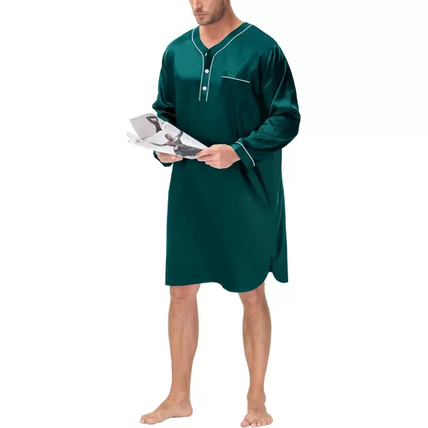 SWOMOG Mens Silk Satin Nightshirt Loose Henley Sleep Shirt Short amp Long Sleeve Pajamas Soft Big amp Tall Men NightwearDeep Green