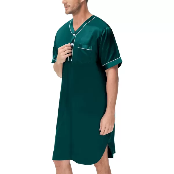 SWOMOG Mens Silk Satin Nightshirt Loose Henley Sleep Shirt Short amp Long Sleeve Pajamas Soft Big amp Tall Men NightwearDeep Greenshort Sleeve