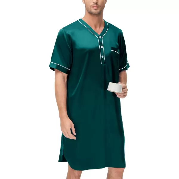 SWOMOG Mens Silk Satin Nightshirt Loose Henley Sleep Shirt Short amp Long Sleeve Pajamas Soft Big amp Tall Men NightwearDeep Greenshort Sleeve