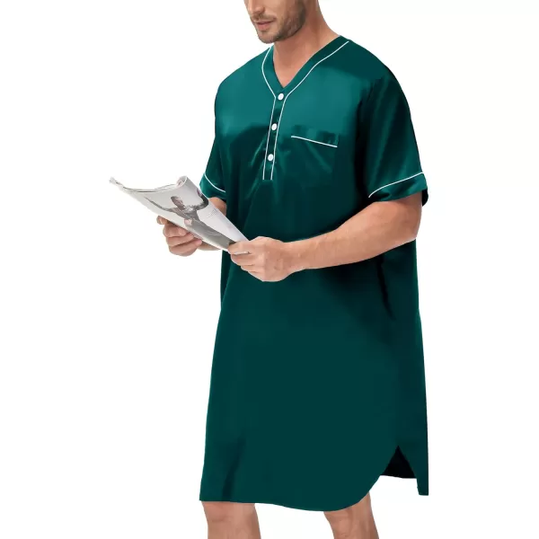 SWOMOG Mens Silk Satin Nightshirt Loose Henley Sleep Shirt Short amp Long Sleeve Pajamas Soft Big amp Tall Men NightwearDeep Greenshort Sleeve