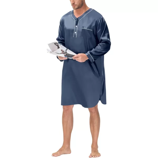 SWOMOG Mens Silk Satin Nightshirt Loose Henley Sleep Shirt Short amp Long Sleeve Pajamas Soft Big amp Tall Men NightwearDeep Grey