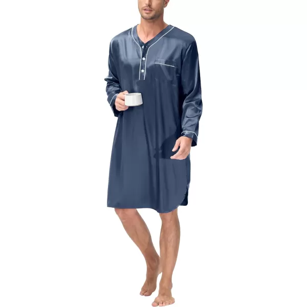 SWOMOG Mens Silk Satin Nightshirt Loose Henley Sleep Shirt Short amp Long Sleeve Pajamas Soft Big amp Tall Men NightwearDeep Grey