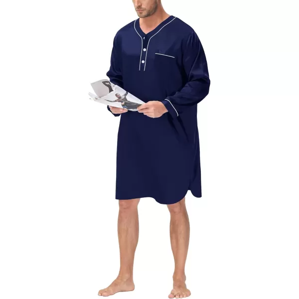 SWOMOG Mens Silk Satin Nightshirt Loose Henley Sleep Shirt Short amp Long Sleeve Pajamas Soft Big amp Tall Men NightwearDeep Navy Blue