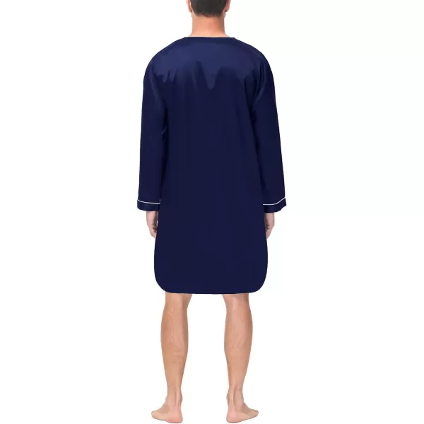 SWOMOG Mens Silk Satin Nightshirt Loose Henley Sleep Shirt Short amp Long Sleeve Pajamas Soft Big amp Tall Men NightwearDeep Navy Blue