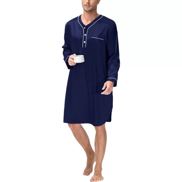 SWOMOG Mens Silk Satin Nightshirt Loose Henley Sleep Shirt Short amp Long Sleeve Pajamas Soft Big amp Tall Men NightwearDeep Navy Blue