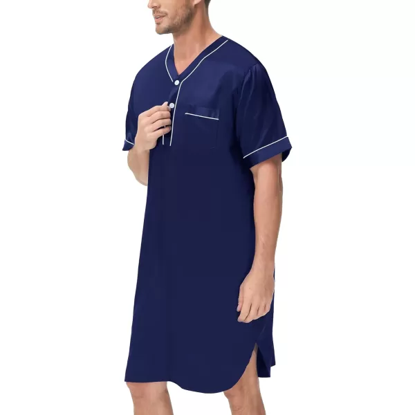 SWOMOG Mens Silk Satin Nightshirt Loose Henley Sleep Shirt Short amp Long Sleeve Pajamas Soft Big amp Tall Men NightwearDeep Navy Blueshort Sleeve