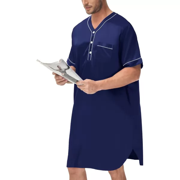 SWOMOG Mens Silk Satin Nightshirt Loose Henley Sleep Shirt Short amp Long Sleeve Pajamas Soft Big amp Tall Men NightwearDeep Navy Blueshort Sleeve