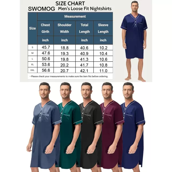 SWOMOG Mens Silk Satin Nightshirt Loose Henley Sleep Shirt Short amp Long Sleeve Pajamas Soft Big amp Tall Men NightwearDeep Navy Blueshort Sleeve