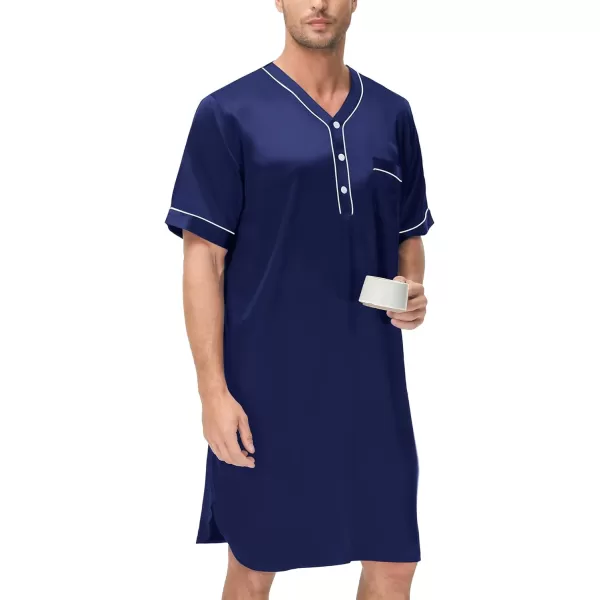 SWOMOG Mens Silk Satin Nightshirt Loose Henley Sleep Shirt Short amp Long Sleeve Pajamas Soft Big amp Tall Men NightwearDeep Navy Blueshort Sleeve