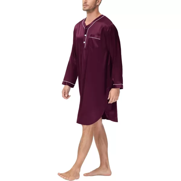 SWOMOG Mens Silk Satin Nightshirt Loose Henley Sleep Shirt Short amp Long Sleeve Pajamas Soft Big amp Tall Men NightwearDeep Wine Red