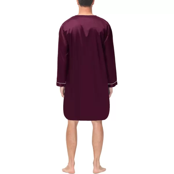 SWOMOG Mens Silk Satin Nightshirt Loose Henley Sleep Shirt Short amp Long Sleeve Pajamas Soft Big amp Tall Men NightwearDeep Wine Red