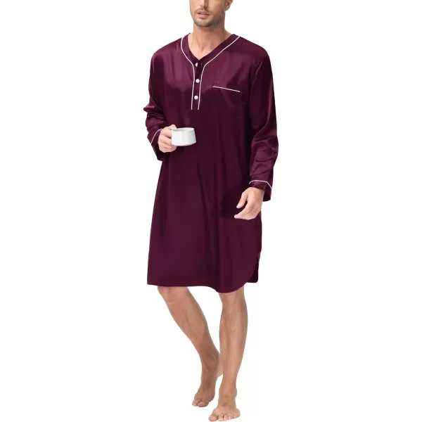 SWOMOG Mens Silk Satin Nightshirt Loose Henley Sleep Shirt Short amp Long Sleeve Pajamas Soft Big amp Tall Men NightwearDeep Wine Red