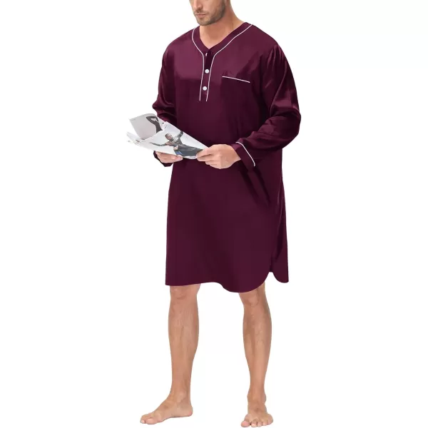 SWOMOG Mens Silk Satin Nightshirt Loose Henley Sleep Shirt Short amp Long Sleeve Pajamas Soft Big amp Tall Men NightwearDeep Wine Red