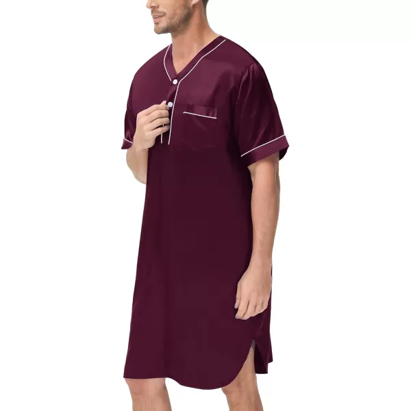 SWOMOG Mens Silk Satin Nightshirt Loose Henley Sleep Shirt Short amp Long Sleeve Pajamas Soft Big amp Tall Men NightwearDeep Wine Redshort Sleeve