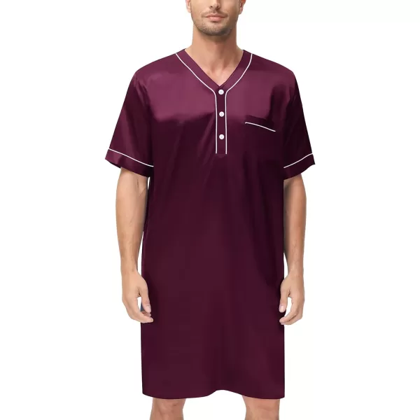 SWOMOG Mens Silk Satin Nightshirt Loose Henley Sleep Shirt Short amp Long Sleeve Pajamas Soft Big amp Tall Men NightwearDeep Wine Redshort Sleeve