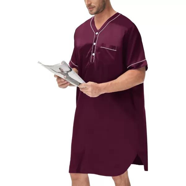 SWOMOG Mens Silk Satin Nightshirt Loose Henley Sleep Shirt Short amp Long Sleeve Pajamas Soft Big amp Tall Men NightwearDeep Wine Redshort Sleeve