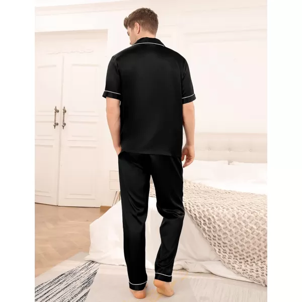 SWOMOG Mens Silk Satin Pajama Set Short Sleeve Classic Sleepwear Button Down Loungewear with Long PantsBlack