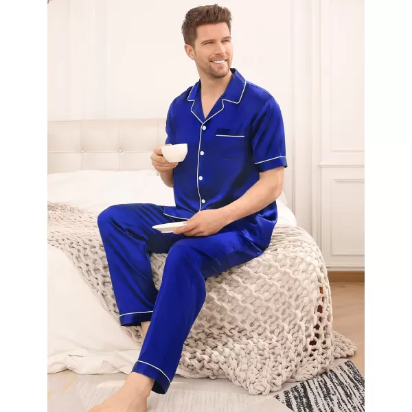 SWOMOG Mens Silk Satin Pajama Set Short Sleeve Classic Sleepwear Button Down Loungewear with Long PantsBlue