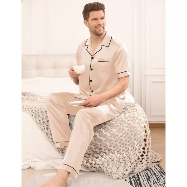 SWOMOG Mens Silk Satin Pajama Set Short Sleeve Classic Sleepwear Button Down Loungewear with Long PantsChampagne