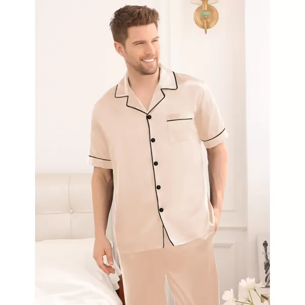 SWOMOG Mens Silk Satin Pajama Set Short Sleeve Classic Sleepwear Button Down Loungewear with Long PantsChampagne