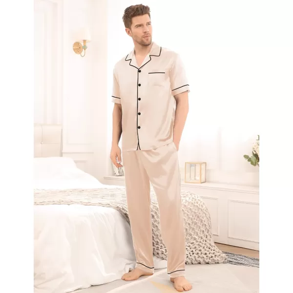 SWOMOG Mens Silk Satin Pajama Set Short Sleeve Classic Sleepwear Button Down Loungewear with Long PantsChampagne