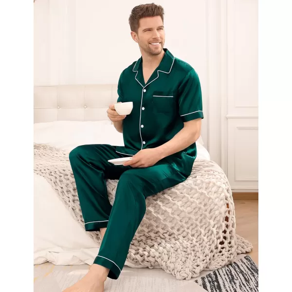 SWOMOG Mens Silk Satin Pajama Set Short Sleeve Classic Sleepwear Button Down Loungewear with Long PantsDark Forest Green