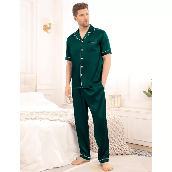 SWOMOG Mens Silk Satin Pajama Set Short Sleeve Classic Sleepwear Button Down Loungewear with Long PantsDark Forest Green