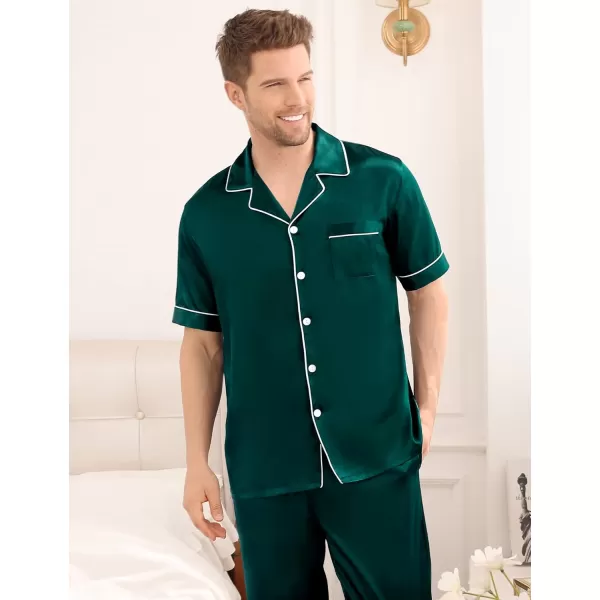 SWOMOG Mens Silk Satin Pajama Set Short Sleeve Classic Sleepwear Button Down Loungewear with Long PantsDark Forest Green