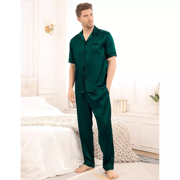 SWOMOG Mens Silk Satin Pajama Set Short Sleeve Classic Sleepwear Button Down Loungewear with Long PantsDeep Green