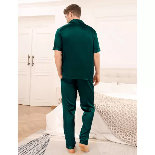 SWOMOG Mens Silk Satin Pajama Set Short Sleeve Classic Sleepwear Button Down Loungewear with Long PantsDeep Green