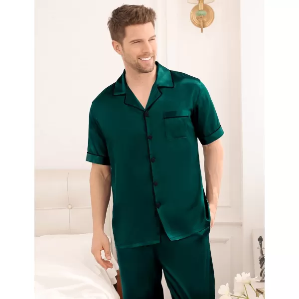 SWOMOG Mens Silk Satin Pajama Set Short Sleeve Classic Sleepwear Button Down Loungewear with Long PantsDeep Green