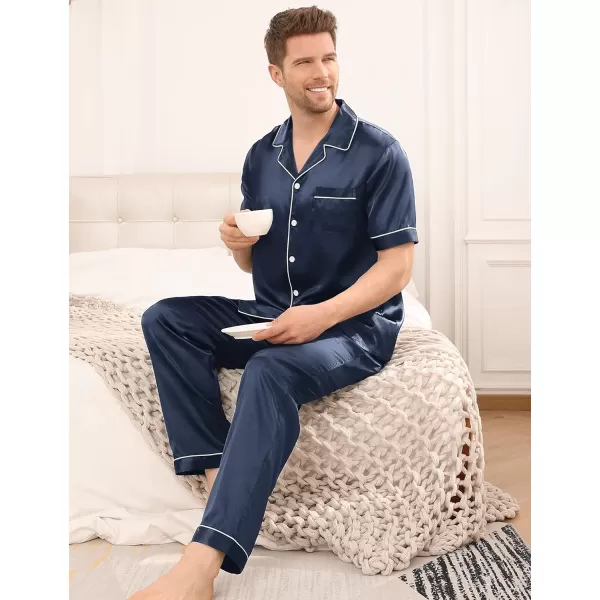 SWOMOG Mens Silk Satin Pajama Set Short Sleeve Classic Sleepwear Button Down Loungewear with Long PantsDeep Grey