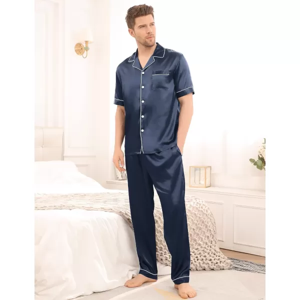 SWOMOG Mens Silk Satin Pajama Set Short Sleeve Classic Sleepwear Button Down Loungewear with Long PantsDeep Grey