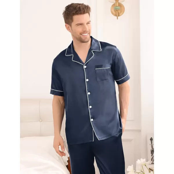 SWOMOG Mens Silk Satin Pajama Set Short Sleeve Classic Sleepwear Button Down Loungewear with Long PantsDeep Grey