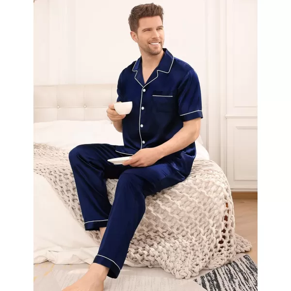 SWOMOG Mens Silk Satin Pajama Set Short Sleeve Classic Sleepwear Button Down Loungewear with Long PantsDeep Navy Blue