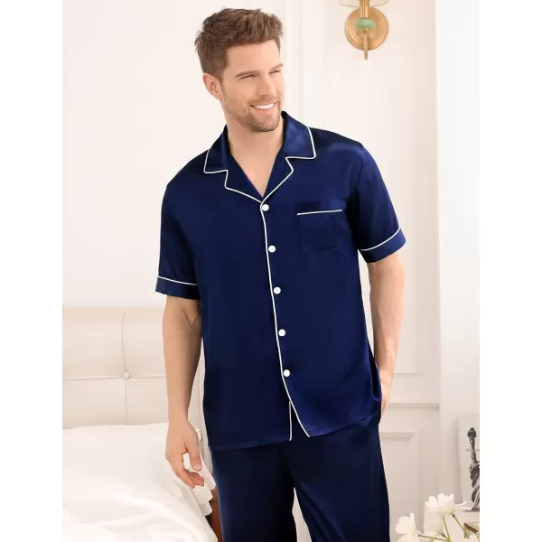 SWOMOG Mens Silk Satin Pajama Set Short Sleeve Classic Sleepwear Button Down Loungewear with Long PantsDeep Navy Blue