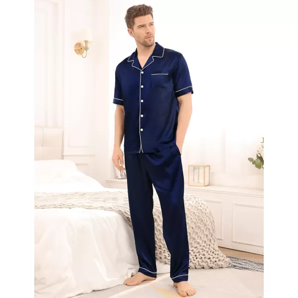 SWOMOG Mens Silk Satin Pajama Set Short Sleeve Classic Sleepwear Button Down Loungewear with Long PantsDeep Navy Blue