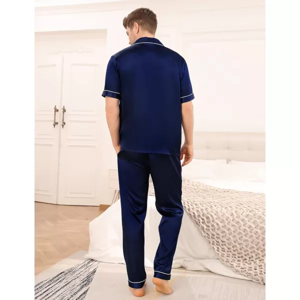 SWOMOG Mens Silk Satin Pajama Set Short Sleeve Classic Sleepwear Button Down Loungewear with Long PantsDeep Navy Blue