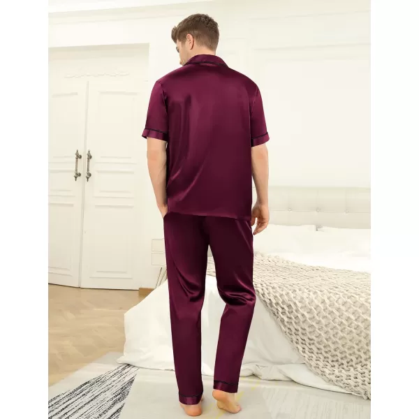 SWOMOG Mens Silk Satin Pajama Set Short Sleeve Classic Sleepwear Button Down Loungewear with Long PantsDeep Wine Red